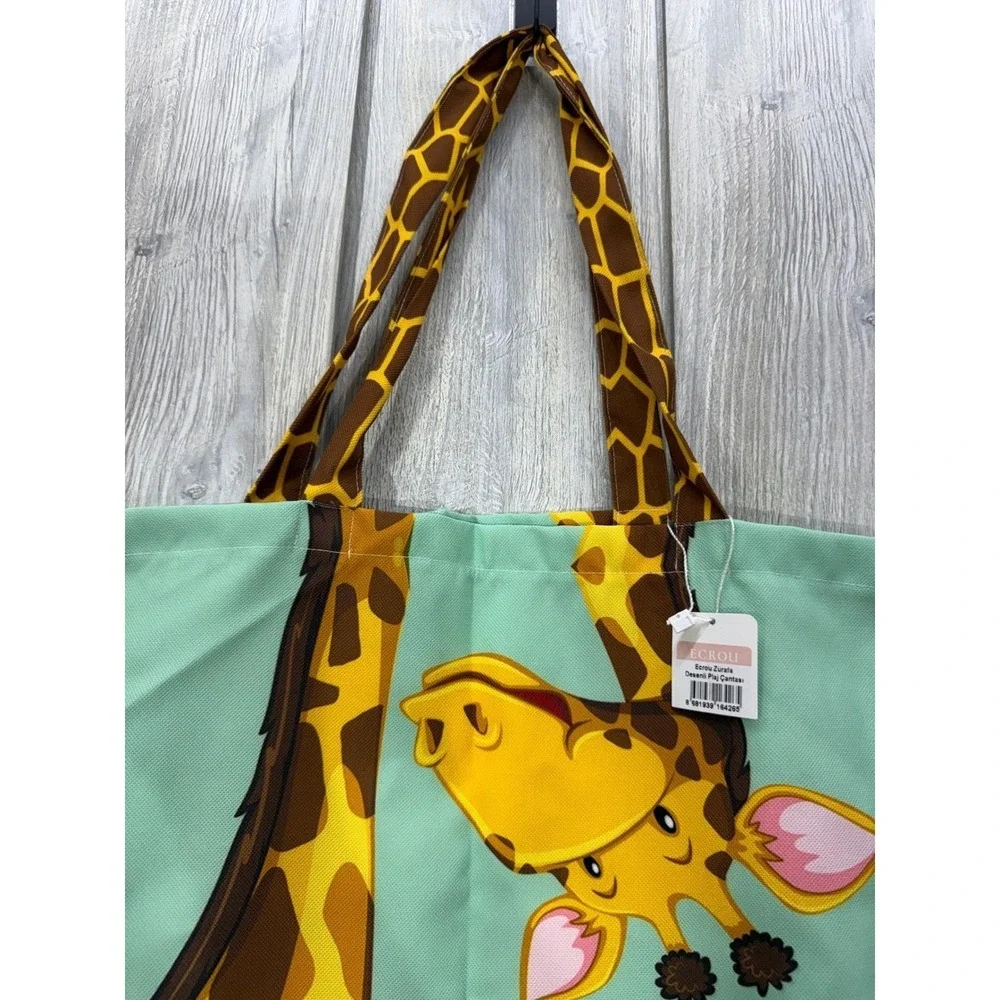 Ecrou Giraffe Print Canvas Tote Bag Mint Green Animal Graphic Beach Shopper NWT